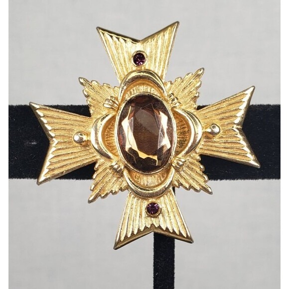 1983 Avon Maltese Cross Allegro Collection Amber Color Gold Tone Brooch Pendant - Picture 3 of 13